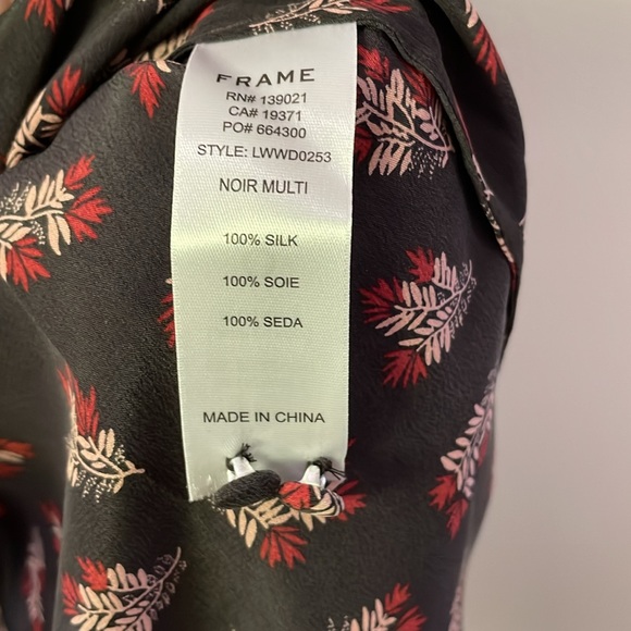 FRAME Silk Floral Print Button Front Ruffle Sleeve Shirtdress in Noir Multi - Picture 8 of 10